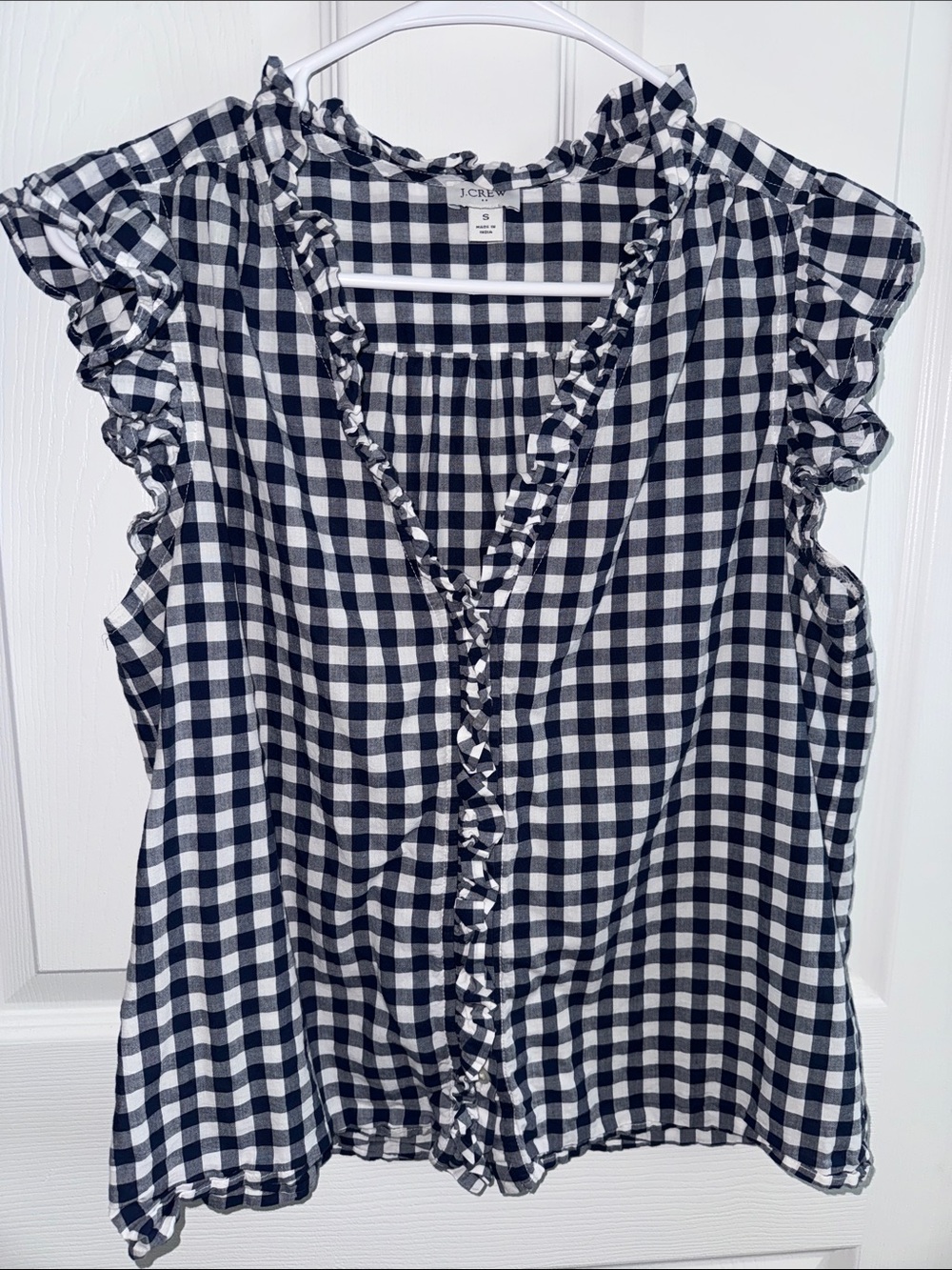 J. Crew Black and White Gingham Ruffle-Trim Camisole